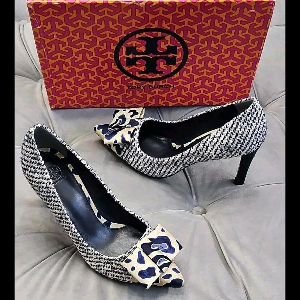 Tory Burch Cleo Tweed Pumps Silk Bow Heels Navy Blue Womens Shoes 5.5 NEW $350